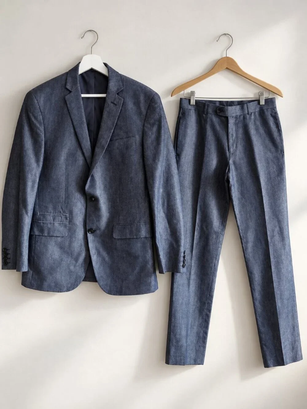 Bar III Men's 38R 31R Blue Cotton Linen Slim Fit 2pc Suit Quiet Luxury Business